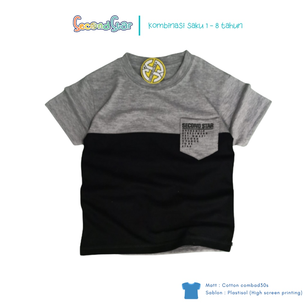 Secondstar baju anak laki laki perempuan unisex Kaos oblong kombinasi saku warna misty hitam 1-8 tahun