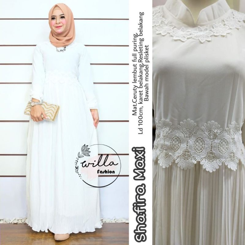 Shafira Maxi / Dress Putih Plisket / Gamis White Series / Maxy Polos Kekinian Elegan