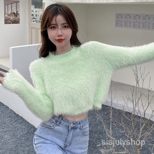 #Sisjuly# Sweater Wanita Pullover Leher Bulat Pendek Slim Fit Sweater Rajut Bawah Serbaguna Tipis