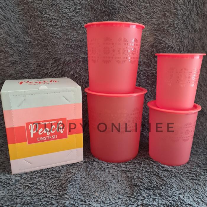 (TAPERWER ORIGINAL) Mosaic Canister Peach (4) with Box Peach Canister Toples Tupperware TERMURAH