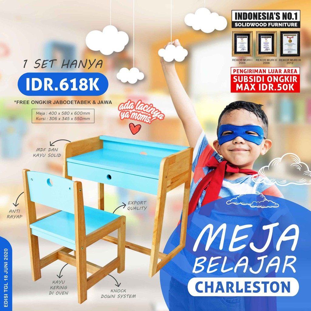 Meja Tulis Meja Belajar laci anak | Set Meja Belajar Minimalis Anak Charleston By F2C Furniture