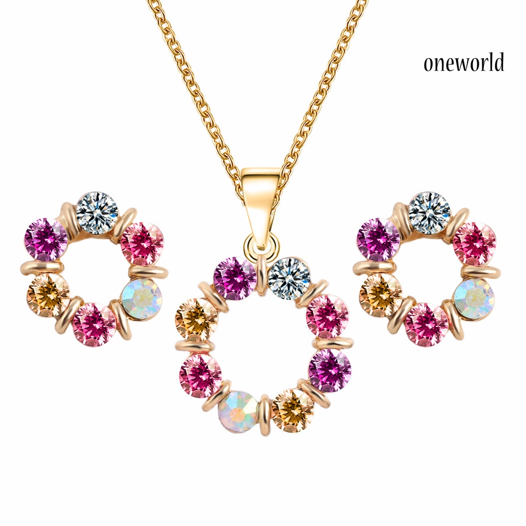 OW@ Necklace Colorful Rhinestone Round Women Pendant Necklace Earrings Set for Party