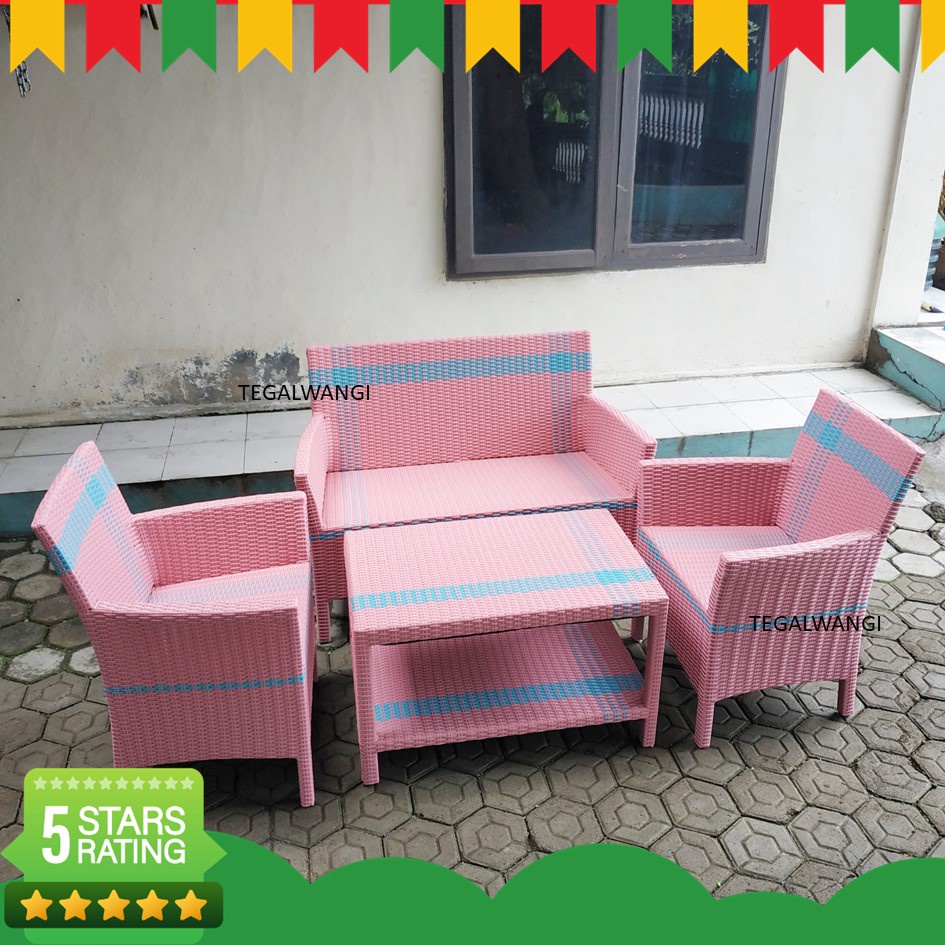 Kursi Tamu Set Hawai Sofa Rotan Sintetis Minimalis Bahan Kayu