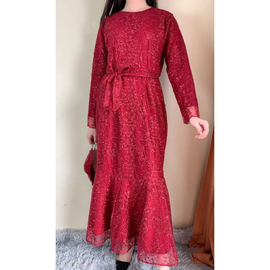 Ken-237 Busana Gamis Long Dress kondangan Muslim Hijab Wanita Dress Pesta Korean Look Model Duyung Premium Full Tulle High Quality-Maroon