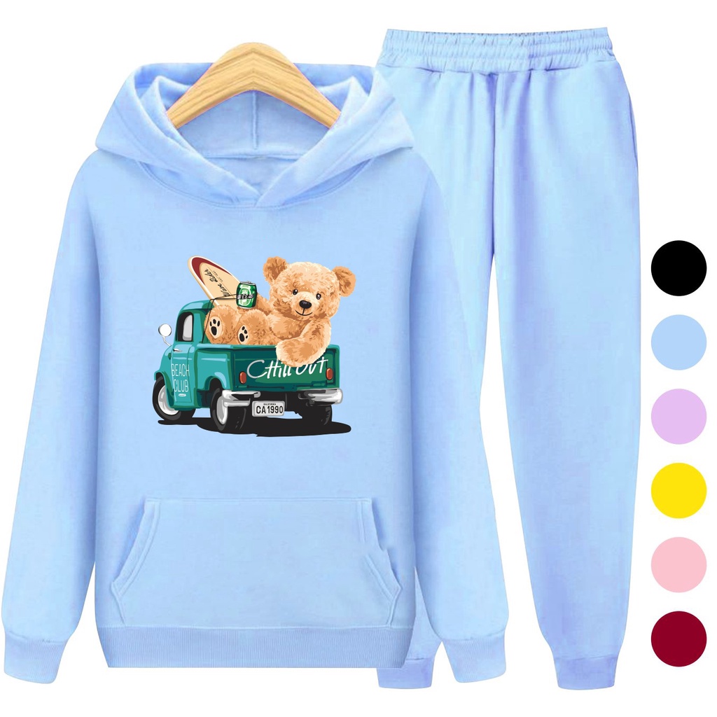 Setelan Sweater Anak + Celana TEDDY TRUCK / Set Sweater Hoodie Anak Laki - Laki Perempuan Kekinian Viral Terbaru