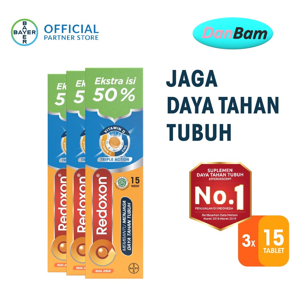 Redoxon Vitamin C, D &amp; Zinc Rasa Jeruk 10 + 5 Tablet x 3 unit