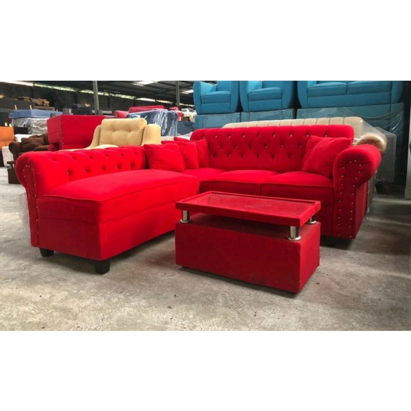 SET Sofa L Jaguar / Sofa Sudut Kancing Bludru (Bonus Meja)