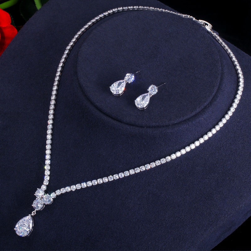 Luxury Zircon Waterdrop Pendant Neckalce Earrings Set Wedding Jewelry