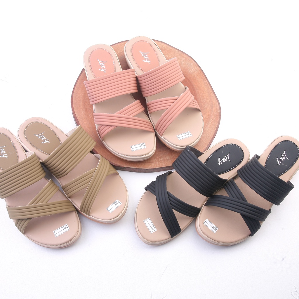 Lexy VEXANA Sandal Wanita Wedges Selop Kokop Motif Garis