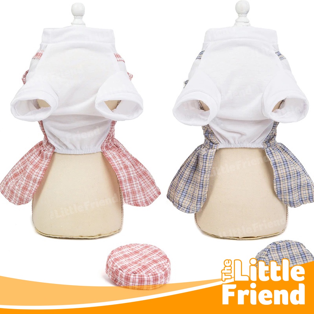 Baju Dress Anjing Kucing Set Uniform dan Topi Tartan Plaid 2 Colors