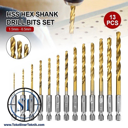 13 Pcs Mata Bor Drill Bit Set Quick Change Hex HSS Titanium Coated Plated 1.5-6.5mm 1/4&quot; Ulir Shank Hexagonal Handle Set 13 Buah