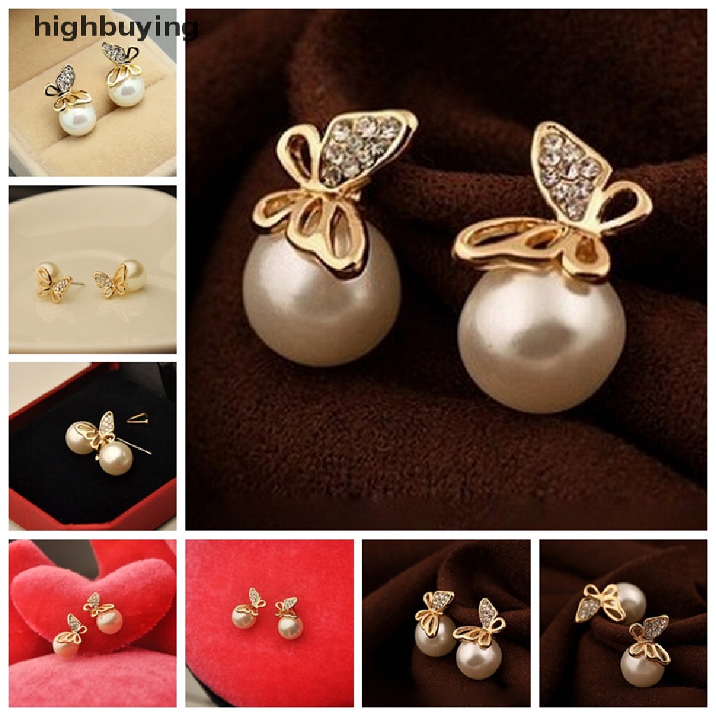 Hbid Anting Tusuk Model Kupu-Kupu Warna Emas Dengan Kristal + Mutiara Untuk Wanita