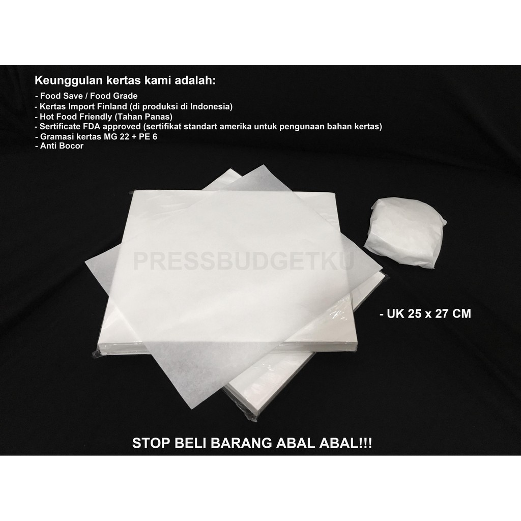 

Kertas nasi / burger / kertas minyak / uk 25x27 cm isi (100 lbr)