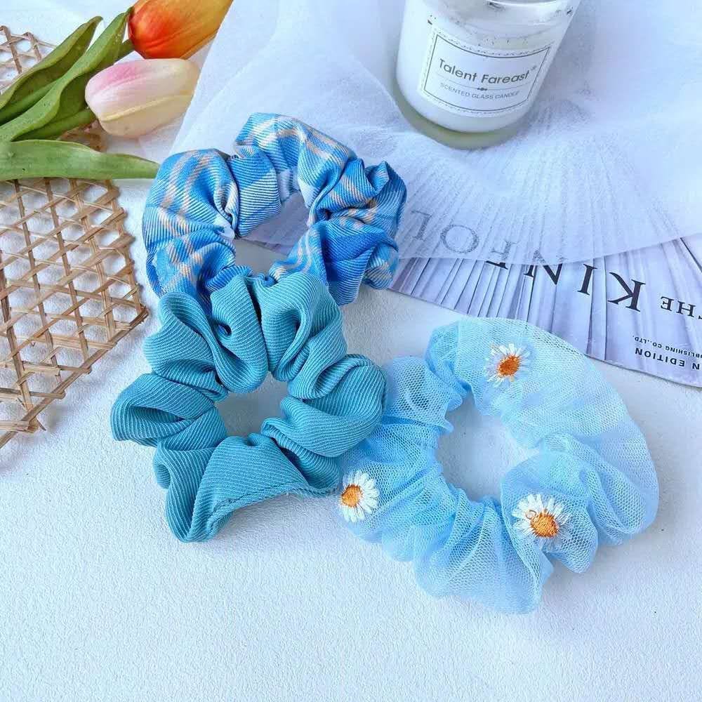 （ 27AN.ID ) COD 3Pcs/Set Ikat Rambut H159 Scrunchies Ponytail Elastis Bhn Sifon Motif BungaDaisy-3