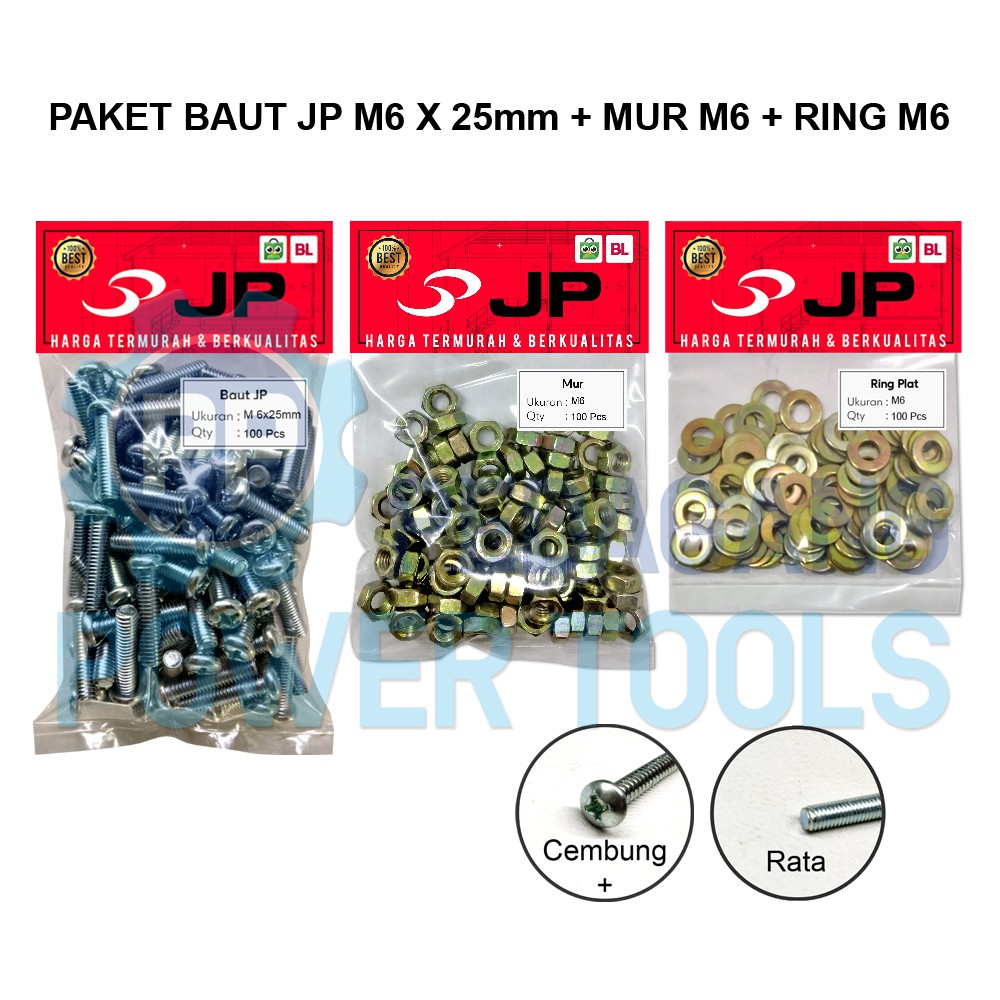 PAKET 3 SET JP M 6x25 BAUT MUR RING PLAT M 6 x 25 MUR M6 ISI 100 PCS