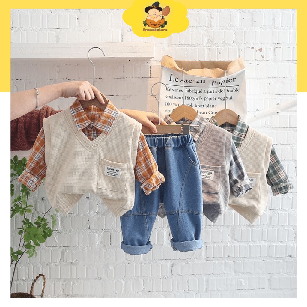 ananakstore - setelan anak laki-laki / setelan anak import premium / setelan anak keren / setelan motif BROOKLYN GREY &amp; CREAM