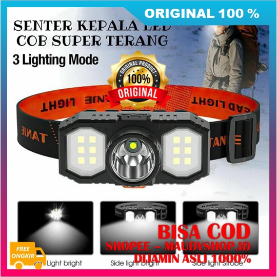 Senter Kepala LED COB Super Terang 3 Lighting Mode Senter Kepala 3 Mode Cahaya Rechargeable Headlamp