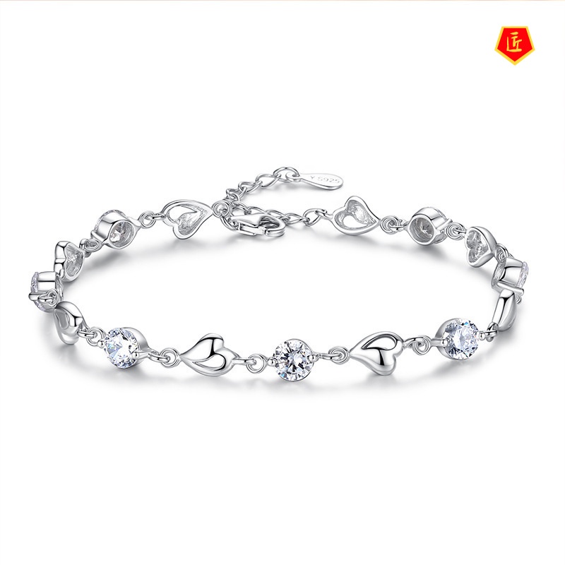 [Ready Stock]925 Silver Heart-Shaped Blue Crystal Bracelet Women's Simple