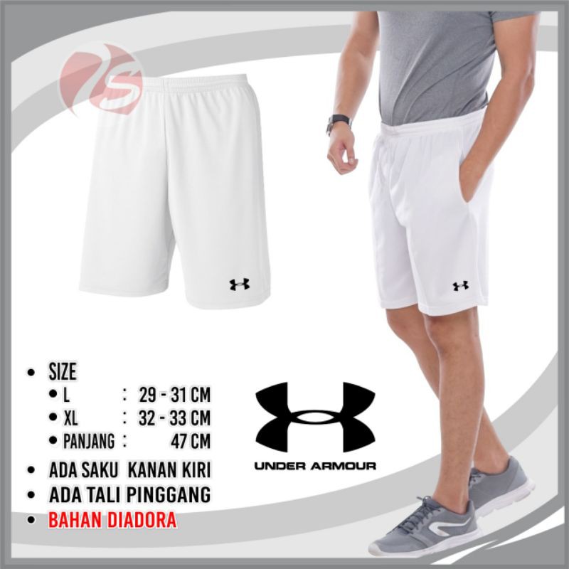 Celana pendek putih badminton tenis voli pingpong training pendek putih bulutangkis murah celana pendek pria bagus ada saku kanan kiri resleting bawahan olahraga pria short white kolor putih tes tni polisi celana polos putih kantong resleting celana pria-underarmour