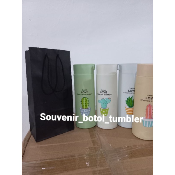 Souvenir botol tumbler kaca minum motif kaktus kemas paper bag hitam SOUVENIR PERNIKAHAN MURAH
