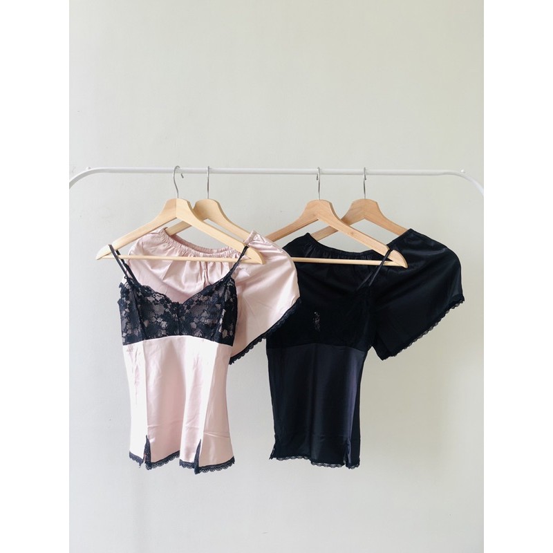 COD PAULINE SET SLEEPWEAR (lingerie, piyama satin,camisole short pants,costum tidur,sexy lingeri)