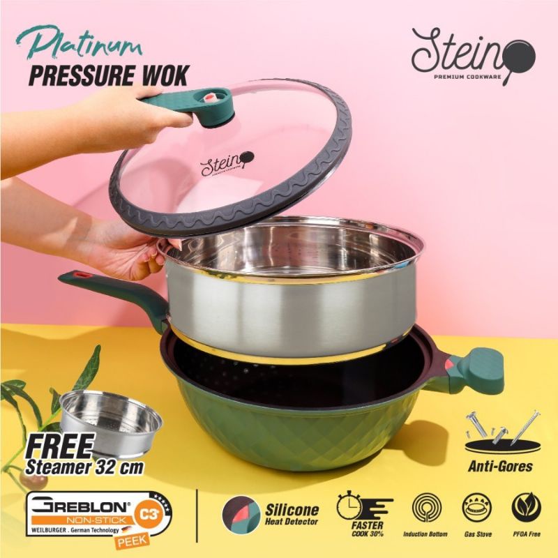 Steincookware Stein Platinum Pressure Wok Cooker Presto Anti Baret 32cm With Steamer Green dan Brown