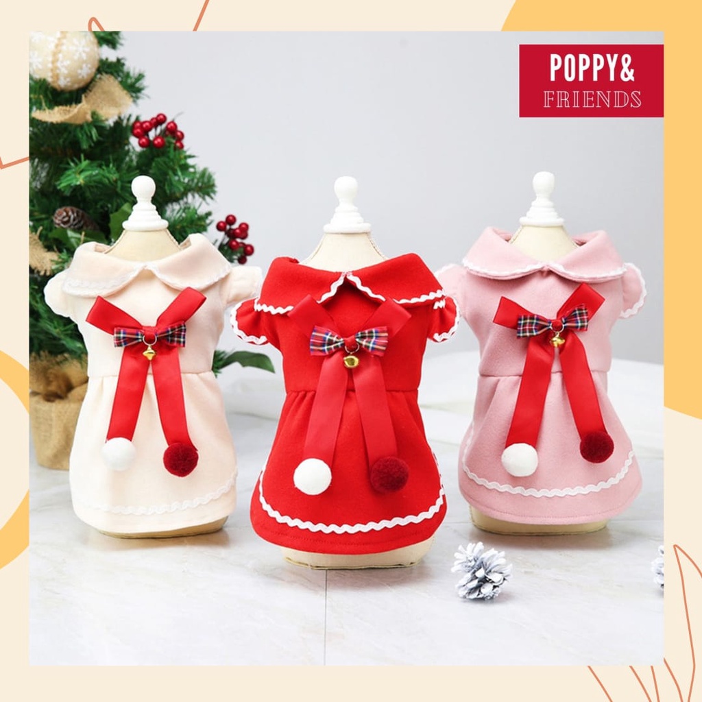 Dress/Rok Kerah Christmas Natal Anjing Premium + Pita Pom Pom