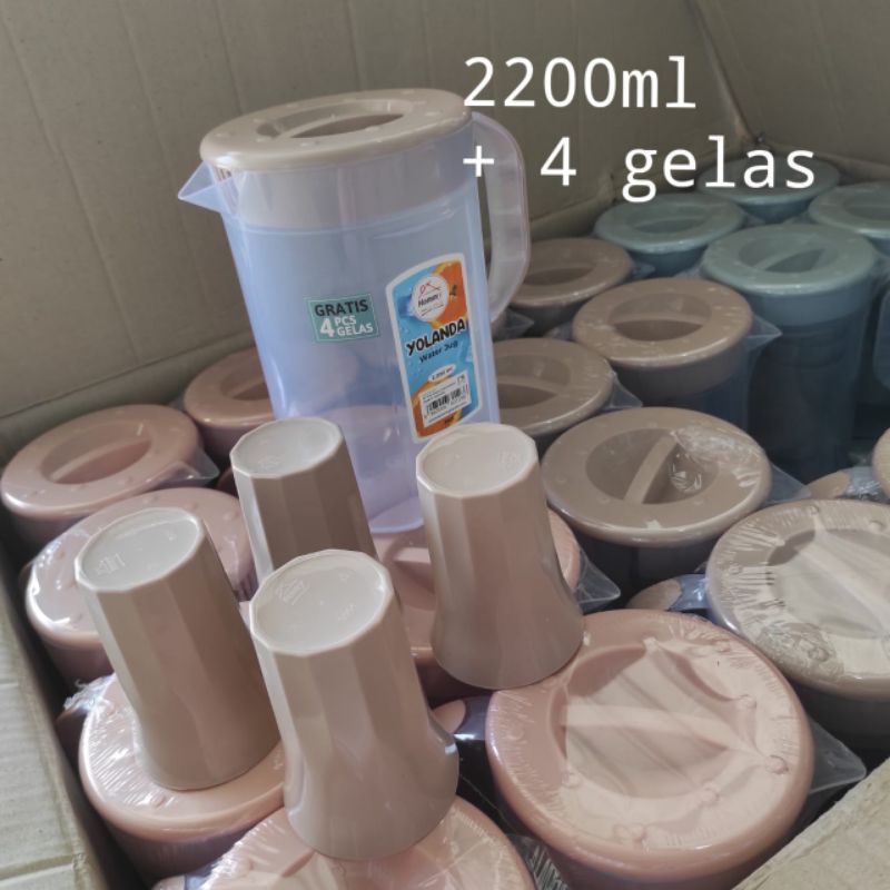 Teko Yolanda Set 4 Gelas Plastik-Teko Plastik 2 Liter Beranak Set 4 Gelas