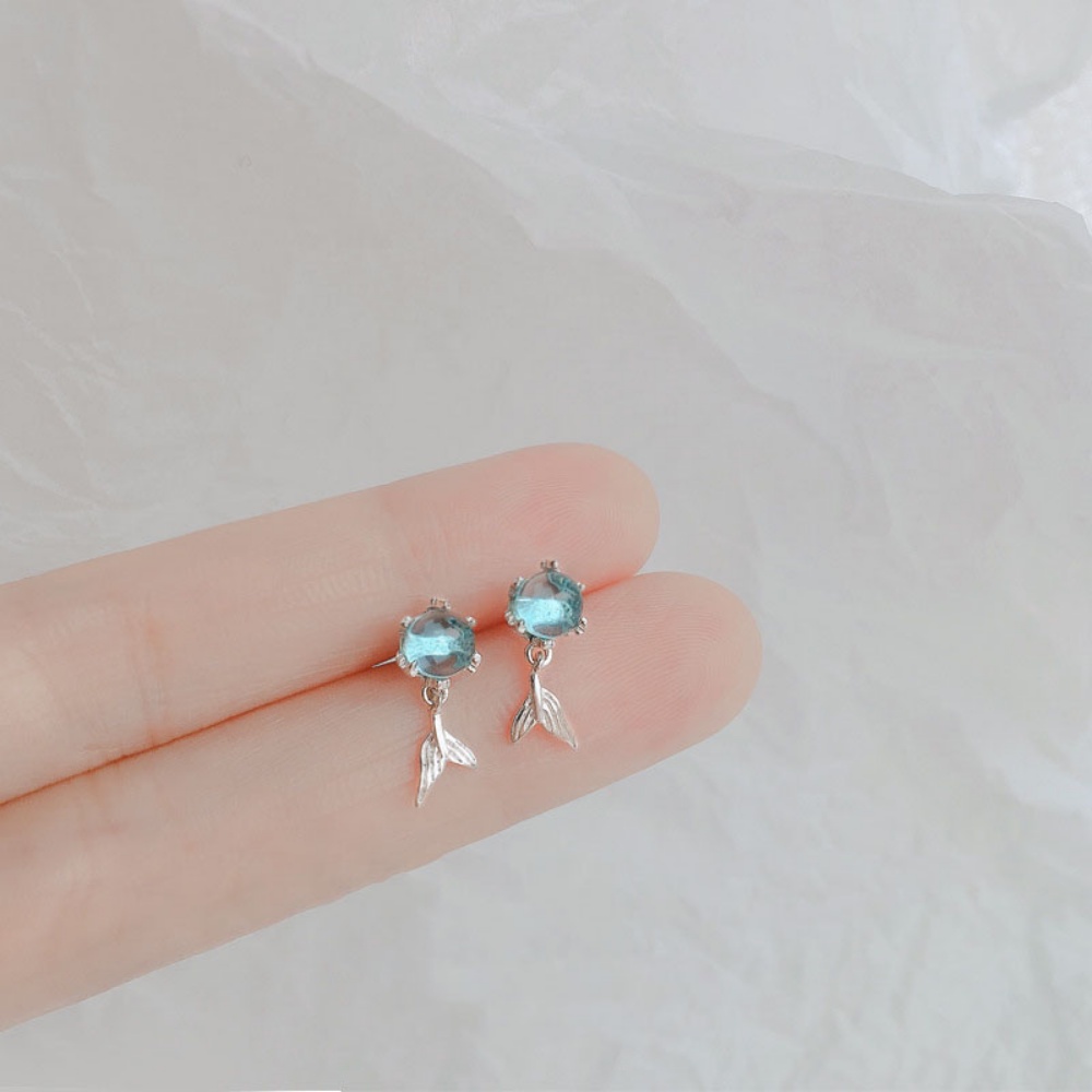 Anting Stud Silver S925 Bentuk Ekor Mermaid Aquamarine Warna Biru Gaya Korea Untuk Wanita