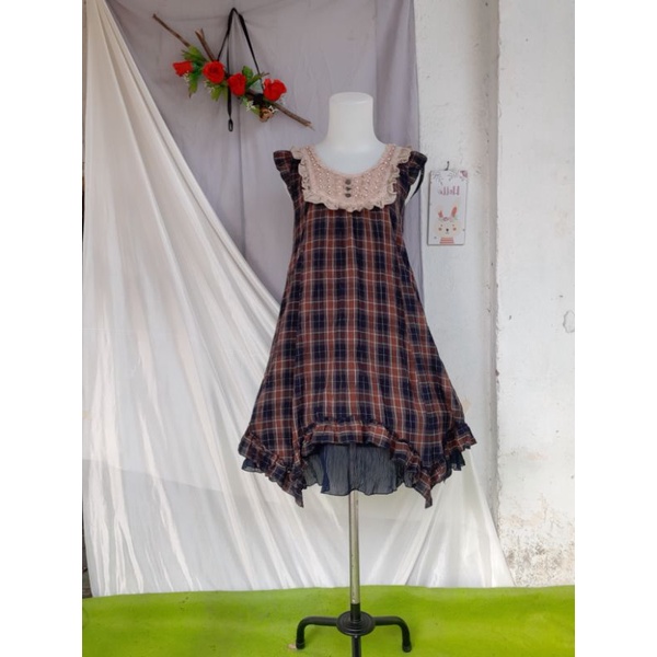 JSK Dress Gingham Coklat Axes Femme Kawaii Daily