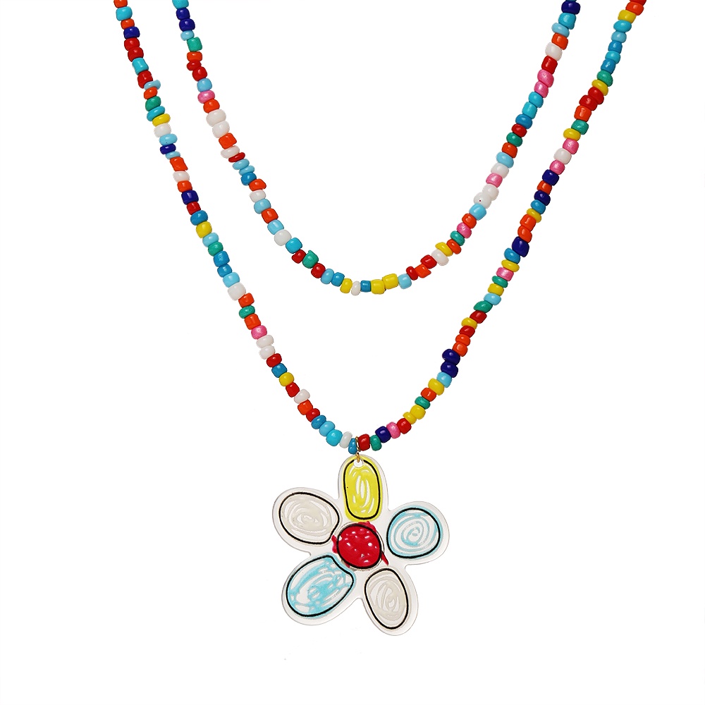 Double Layer Beads Necklace Butterfly Flower Pendant Chain Choker Women Jewelry Fashion Accessories