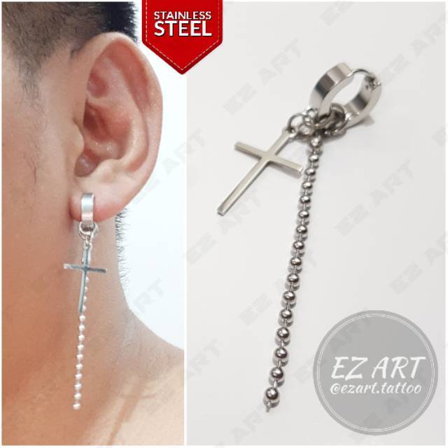 1Pc Model EZ-H Silver Anting Jepit Tusuk Variasi Bandul Salib Punk Korea KPOP Stainless Steel