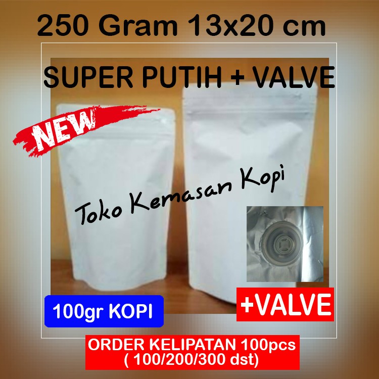 

Kemasan Kopi 100gr/Standing Pouch Padat Super Putih 250 + Zipper + VALVE (13x20cm)