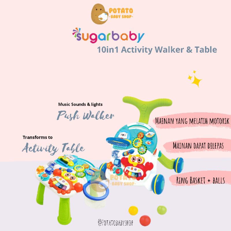 Sugar Baby 10in1 Activity Push Walker &amp; Table PINK ORANGE GREEN