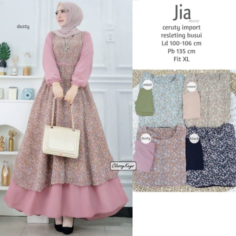 Gamis Ceruty Resliting Busui Bahan Ceruty Import.Gamis Jia Motif Bunga-Bunga Import Original By Tira
