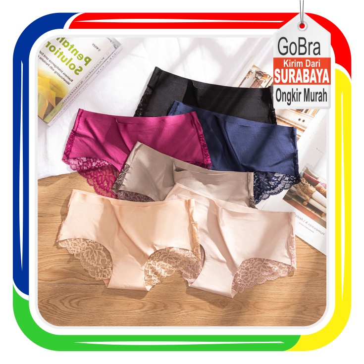 Gobra ♕ PW023 Celana Dalam Renda Brief Seamless Ice Silk Lace Underwear Sexy Panties Wanita Murah