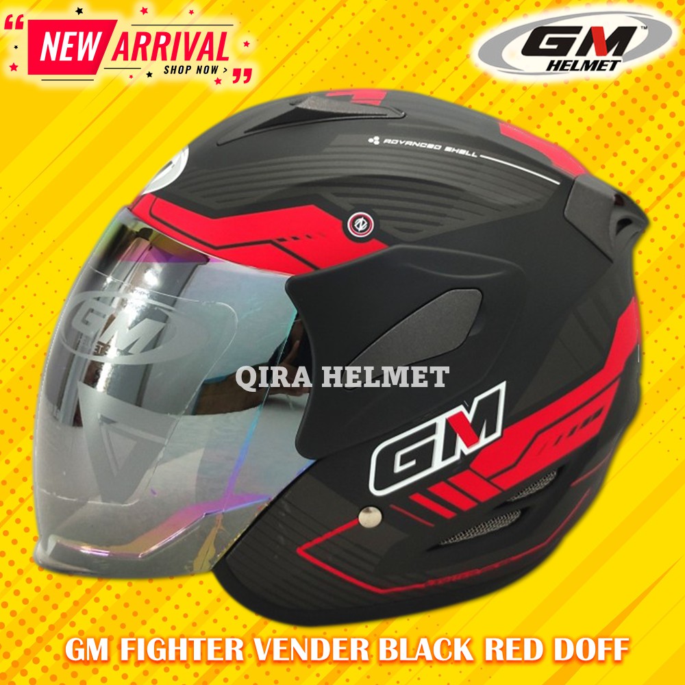 Helm GM Half Face Fighter Vender Black Red Doff Single Visor SNI Dewasa Pria Wanita Helmet Original