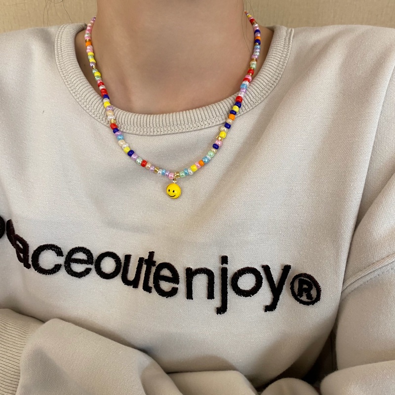 Kalung Rantai Klavikula Hias Manik-Manik Smiley Warna-Warni Untuk Aksesoris