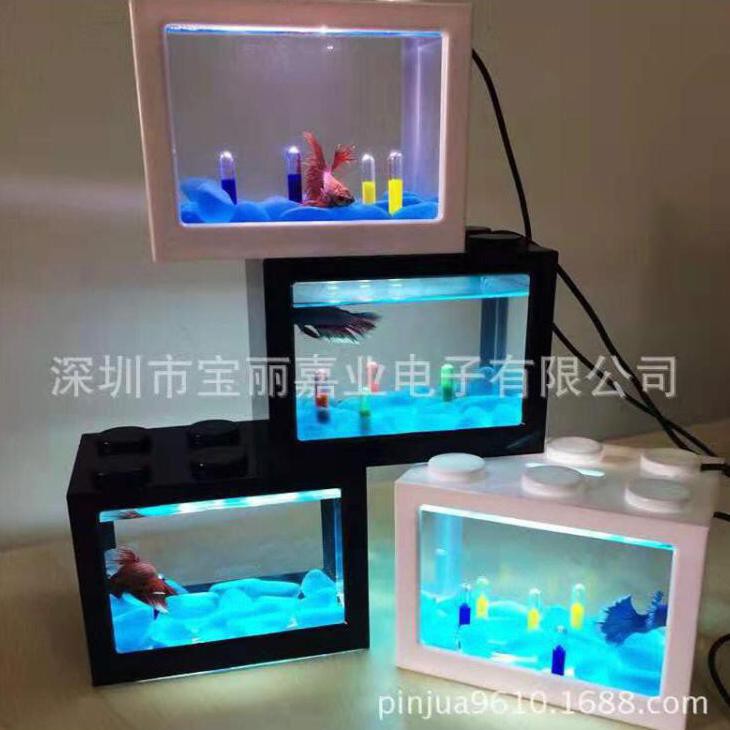 Ready Aquarium Mini Lego Ikan Cupang Hias Dilengkapi Lampu Led Usb Akuarium Kecil Lego Susun Unik