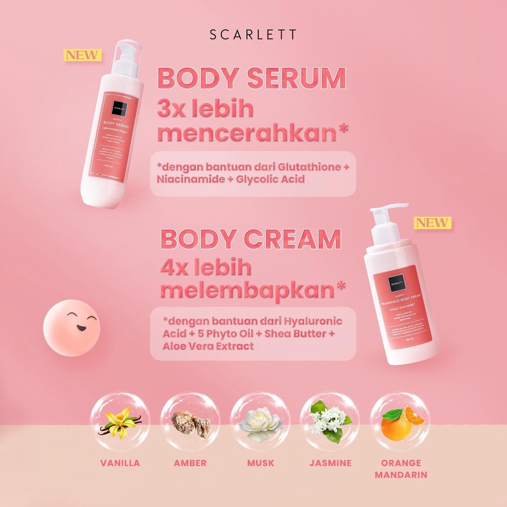 SCARLETT Whitening Body Serum Indonesia / Body Care / Perawatan Kulit Tubuh / Happy Freshy Jolly Charming Romansa Fantasia Pomegrante Coffee 250ml / Moisturizer Pelembab Parfum / Shower Scrub Cream Lotion / Treatment Skincare Series Package Paket Lengkap