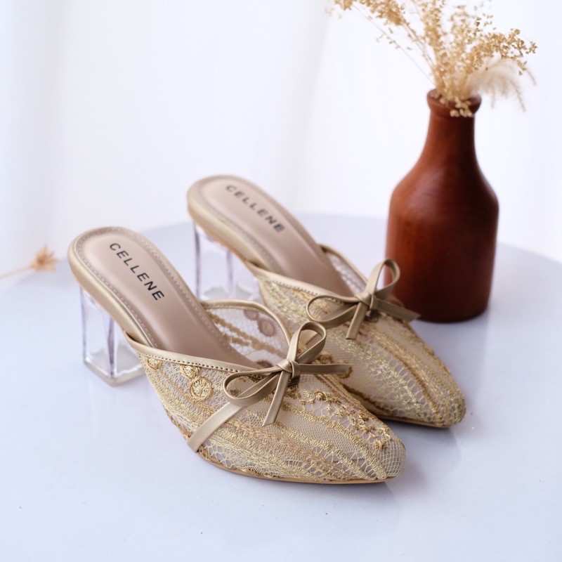 Cellene • Canbera Heels 37-42 | Wedding Shoes Brukat Heels Kaca 7cm-Gold