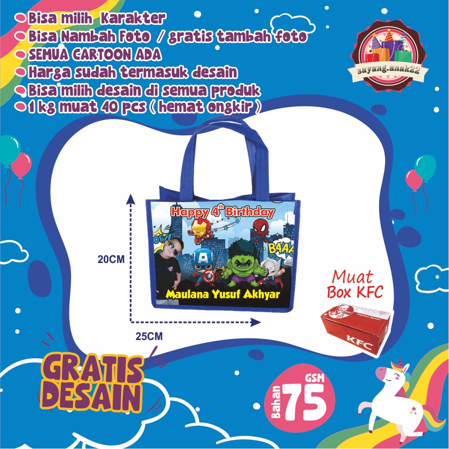 

Tas Ultah / Tas Ulang tahun Anak / Goodie Bag AVANGERS Biru / Bebas Custom / Tambah Foto dan Nama
