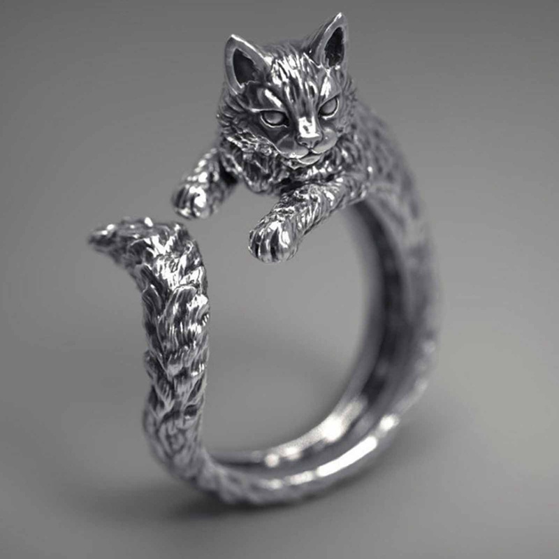 Cincin Desain Hewan Kucing Gaya Retro Punk Gothic Hip Hop Rock Untuk Wanita