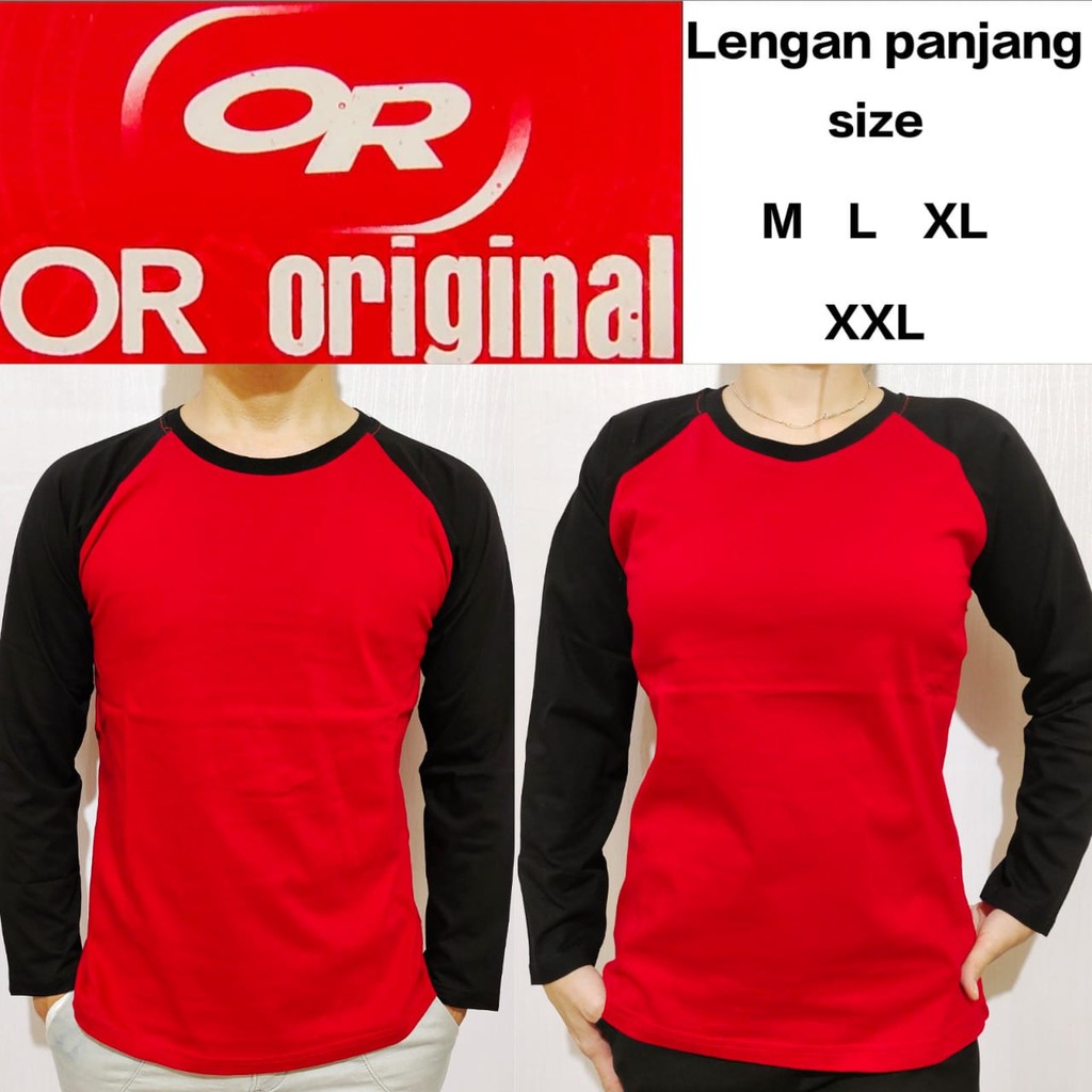 Kaos polos raglan merah lengan hitam panjang M L XL XXL