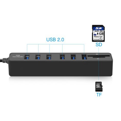 [KABELSERBAGUNA] - 2 in 1 USB Hub 6 Port Combo Card Reader SD/TF Card - CB220602 - Black