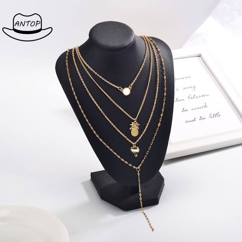 Antop！Ins Angin Kalung Empat Lapis Kalung Nanas Pohon Kelapa Rantai Klavikula Necklace