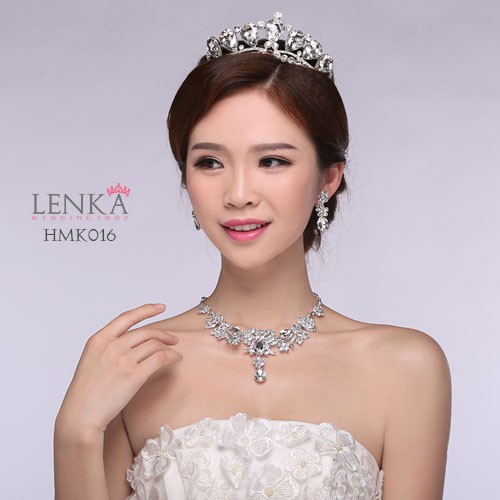 Aksesoris Crystal Pengantin Lenka l Paket Crown Kalung Anting Wedding - HMK016