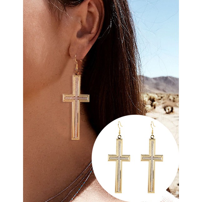 LRC Anting Gantung Fashion Golden Geometric Cross Frosted Alloy Earrings K44347