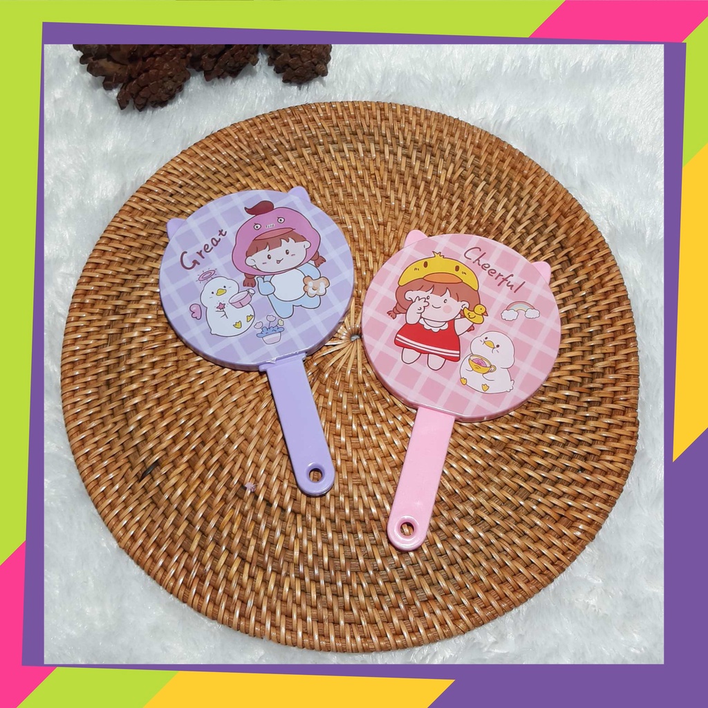 1633 / Cermin gagang kaca bulat motif karakter / Cermin rias bulat anak + sisir
