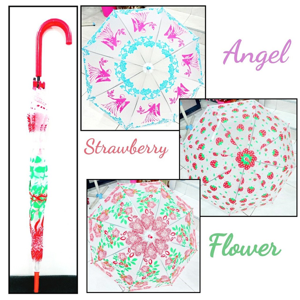 payung transparant motif strawberry motif bunga angel